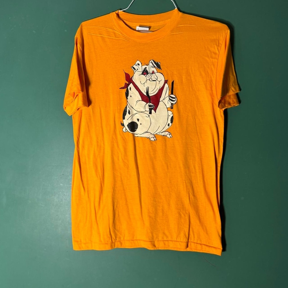 Hanes Fifty Fifty Good Times Forever BBQ Pig Graphic T-Shirt Yellow Mens Large